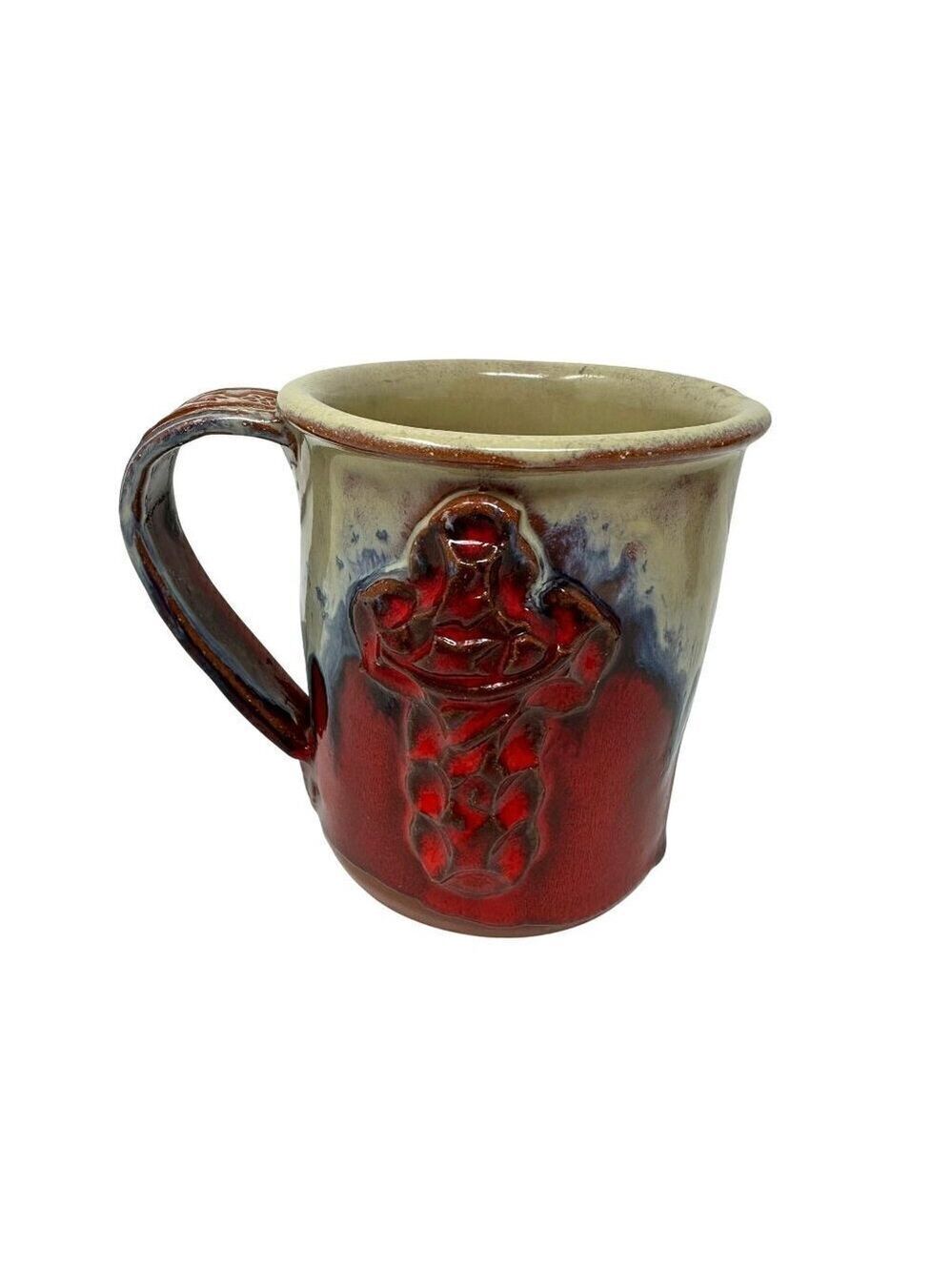 Handcrafted Ceramic Coffee Mug Redware Drip Glaze Rustic Cross Floral Handle